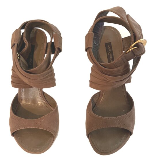 Louis Vuitton Camel Suede Wedge Ankle Wrap Sandals Gold LV Buckle Size 37 (US 7) - Picture 8 of 14